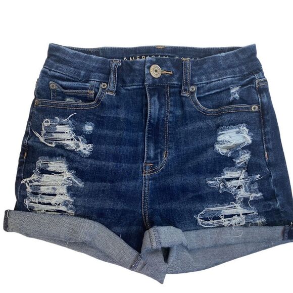 American Eagle Curvy Ripped Hi Rise Shortie Jean Shorts Size 2 W26 - Picture 1 of 6